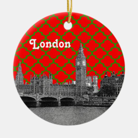 Londen Skyline Etch Groen Rood Quatrefoil BG Xmas Keramisch Ornament (Voorkant)