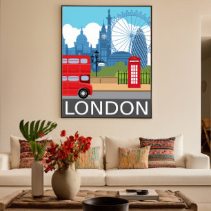 Londen skyline retro reisposter rode bus poster