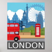 Londen skyline retro reisposter rode bus poster (Voorkant)