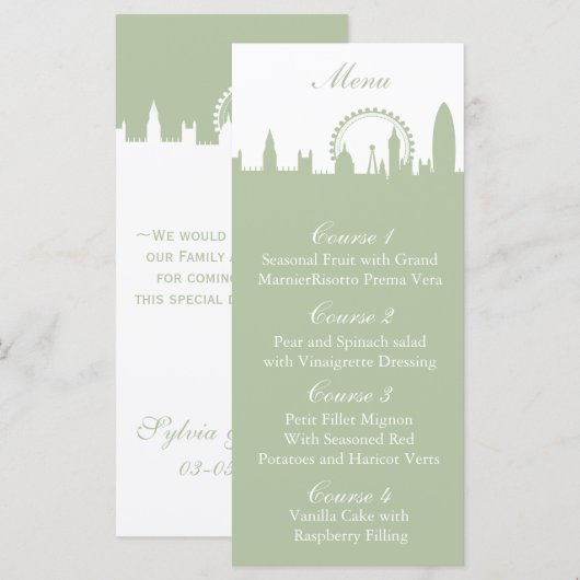 Londen Skyline Sage gepersonaliseerde menukaarten Menu (Voorkant / Achterkant)
