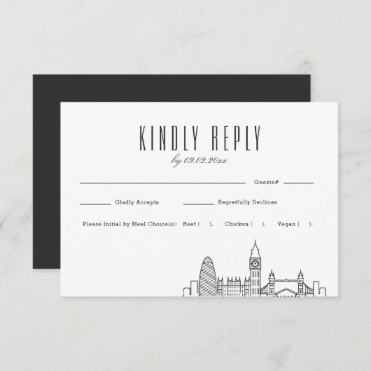 Londen Skyline Wedding RSVP met Maaltijdkeuze (Voorkant / Achterkant)