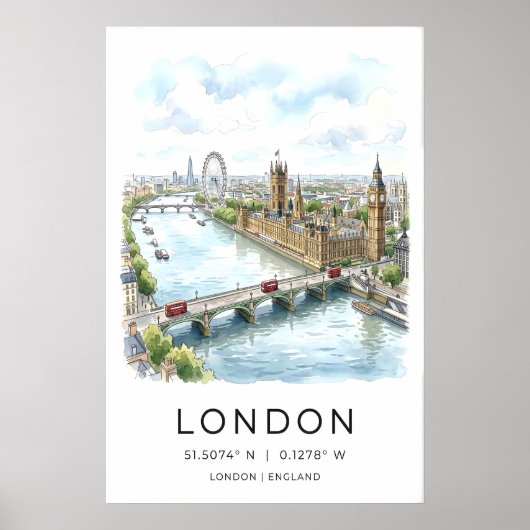 Londen stadsgezicht print waterverf Thames, rode b (Voorkant)