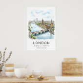 Londen stadsgezicht print waterverf Thames, rode b (Keuken)