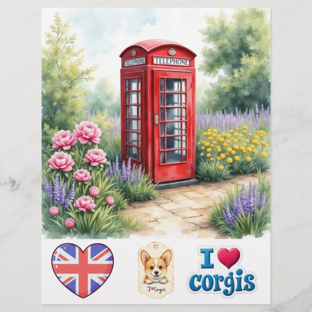 Londen Telefooncel Corgi Scrapbook Papier (Voorkant)