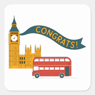 Londen-thema "Gefeliciteerd!"-groet met Big Ben Vierkante Sticker
