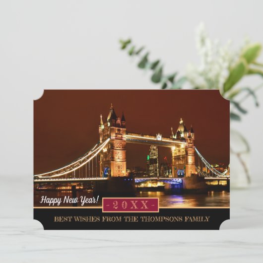 Londen, Tower Bridge en Happy New Year! Verfkaartj Feestdagenkaart (Staand voorkant)