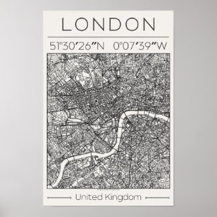 Londen UK Houtskool Stadkaart Poster Minimaal Wand