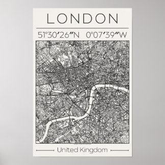 Londen UK Houtskool Stadkaart Poster Minimaal Wand