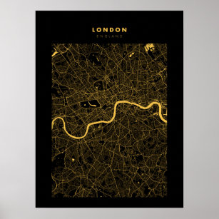 Londen - Verenigd Koninkrijk Dark Gold City Map Po Poster