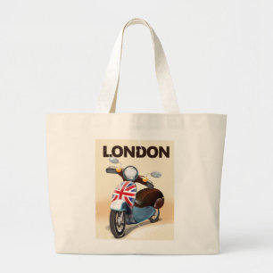 Londen vintage scooter union jack reisposter. grote tote bag