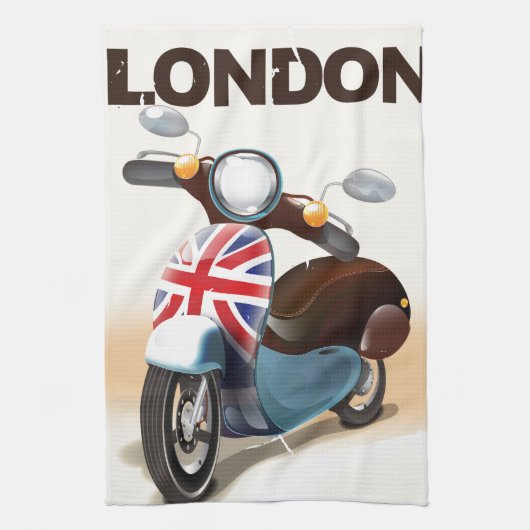Londen vintage scooter union jack reisposter. theedoek (Verticaal)