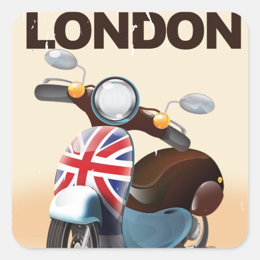 Londen vintage scooter union jack reisposter. vierkante sticker (Voorkant)