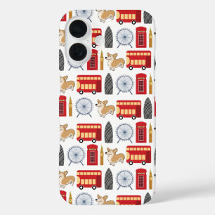Londense pictogrammen en Corgi Collage Pattern iPhone 16 Hoesje