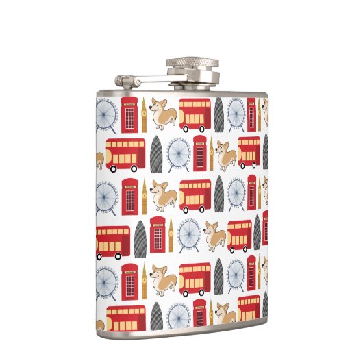 Londense pictogrammen en Corgi Collage Pattern Heupfles (Rechts)