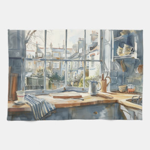 Londense Stadshuis Keuken Aquarel met Tuin Theedoek