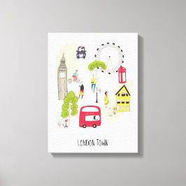 London Artsy Map Cartoon Landmarks People Canvas Afdruk