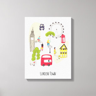 London Artsy Map Cartoon Landmarks People Canvas Afdruk