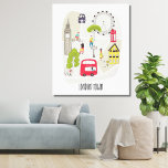 London Artsy Map Cartoon Landmarks People Canvas Afdruk<br><div class="desc">Een hedendaagse gestileerde kaart van de cartoon van Londen met personages die hun dagelijkse leven,  landmerken en een rode dubbeldekker bus,  een zwarte taxichauffeur en een rode iconische telefooncel doormaken.</div>