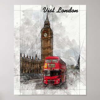 London big ben en red bus poster