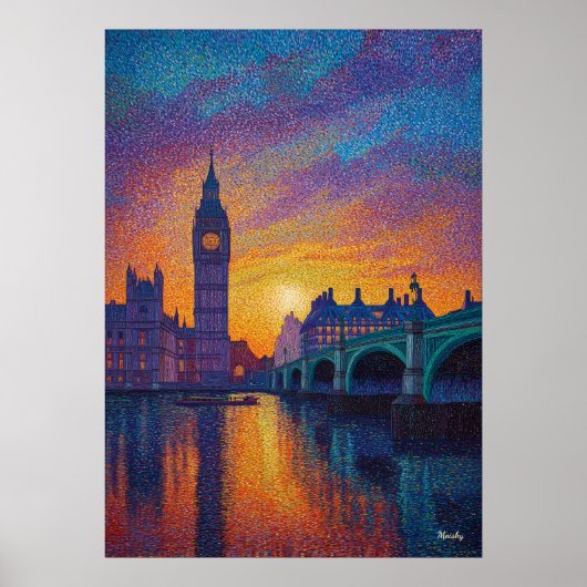 London Big Ben Pointillism Skyline Sunset Art Poster (Voorkant)