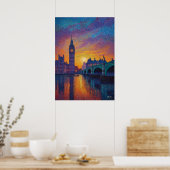 London Big Ben Pointillism Skyline Sunset Art Poster (Keuken)