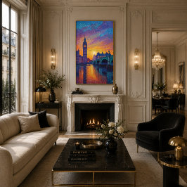 London Big Ben Pointillisme Silhouet Zonsondergang Poster