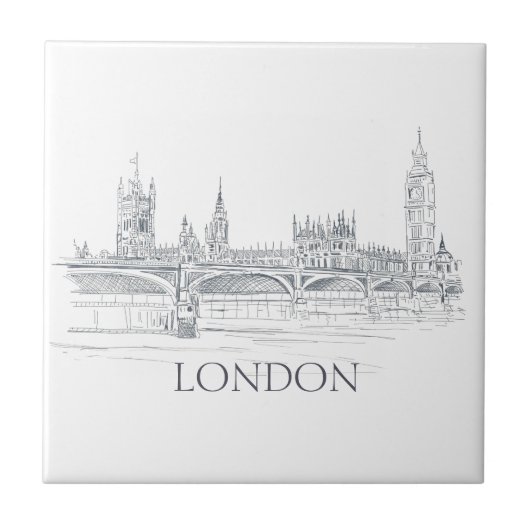 London Bridge Big Ben en Skyline Ink Drawing Tegeltje (Voorkant)