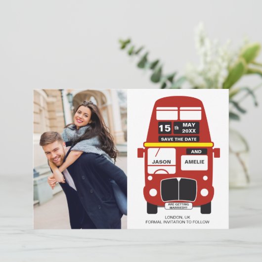 London Bus Save the Date Card Photo Black (Staand voorkant)