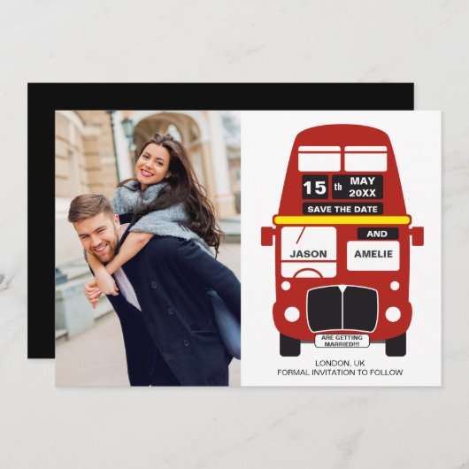 London Bus Save the Date kaart Foto Zwart (Voorkant / Achterkant)