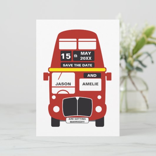 London Bus Save the Date kaart gepersonaliseerd (Staand voorkant)