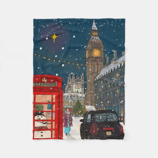 London Christmas Night Cityscape Retro-geïnspireer Fleece Deken (Voorkant)