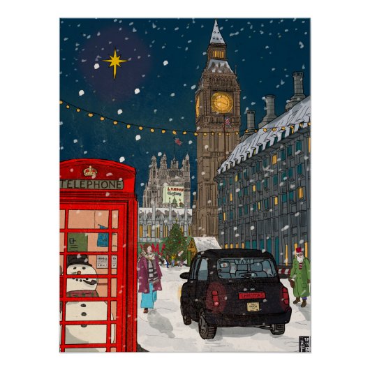 London Christmas Night Cityscape Retro-geïnspireer Perfect Poster (Voorkant)