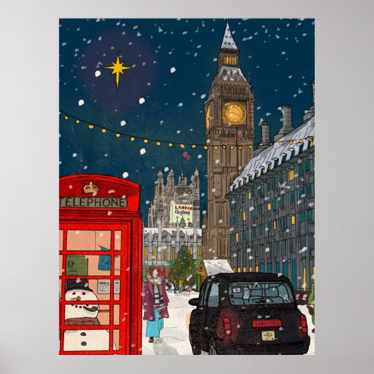 London Christmas Night Cityscape Retro-geïnspireer Poster (Voorkant)