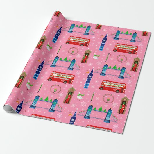 London Christmas Pink Pattern Achtergrond Cadeaupapier (Uitgerold)