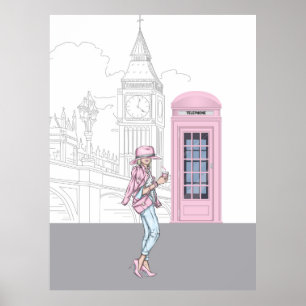 London City Girl met roze telefoonbox Canvas Print