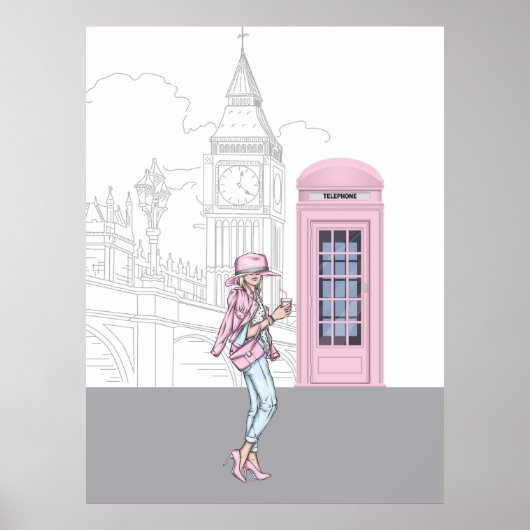 London City Girl met roze telefoonbox Canvas Print (Voorkant)
