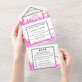 London City RSVP Aquarel Roze Moderne Trouwkaart All In One Uitnodiging