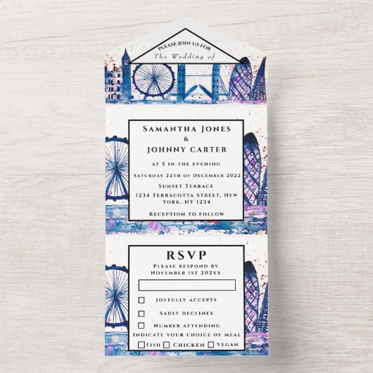 London City RSVP Waterverf Blue Modern Wedding All In One Uitnodiging (Binnen)