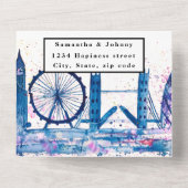 London City RSVP Waterverf Blue Modern Wedding All In One Uitnodiging (Achterkant)