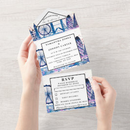 London City RSVP Waterverf Blue Modern Wedding All In One Uitnodiging