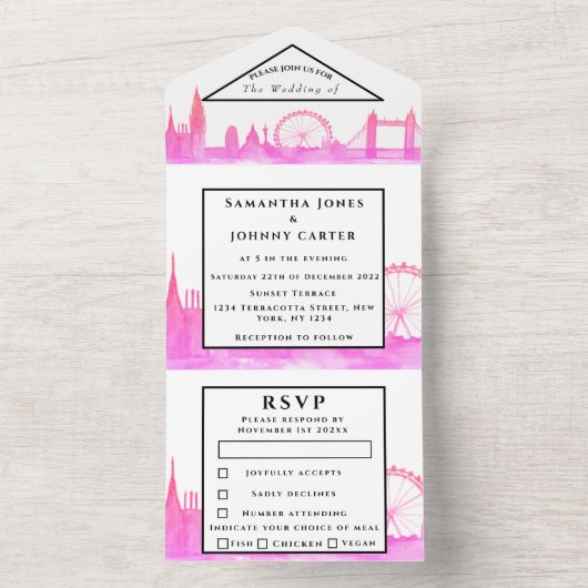 London City RSVP Waterverf Pink Modern Wedding All In One Uitnodiging (Binnen)