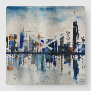 London City Skyline Abstract Painting Poster Postc Vierkante Klok