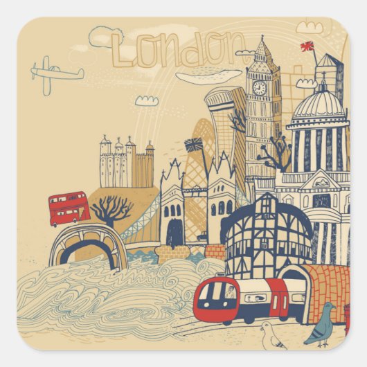 London Doodle Scene Vierkante Sticker (Voorkant)