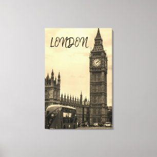 London England Big Ben Black White Red Bus Canvas Afdruk