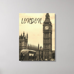 London England Big Ben Black White Red Bus Canvas Afdruk