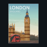 London England Big Ben Vintage Travel Briefkaart<br><div class="desc">Retro London England reisposter illustratie met een rode dubbeldekker bus die langs de Huizen van het Parlement rijdt,  samen met een uitzicht van de kloktoren die bekend staat als Big Ben. Dit  ontwerp zal herinneringen terugbrengen aan klassieke reisposters uit een gepasseerd tijdperk.</div>