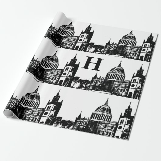 London England Elegant Black White Monogram Cadeaupapier (Uitgerold)