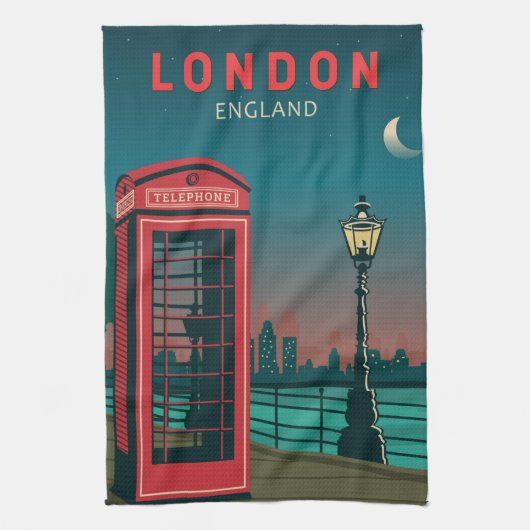 London England Retro Travel Art  Theedoek (Verticaal)
