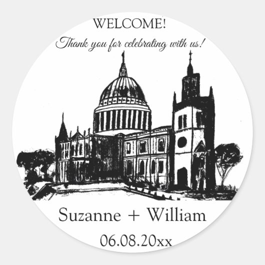 London England skyline Black White Favors Weddings Ronde Sticker (Voorkant)