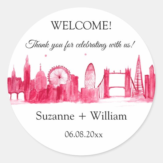 London England skyline Pink Favors Weddings Ronde Sticker (Voorkant)